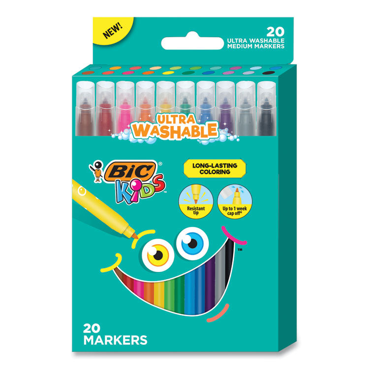 BIC - Kids Ultra Washable Markers, Medium Bullet Tip, Assorted Colors, 20/Pack