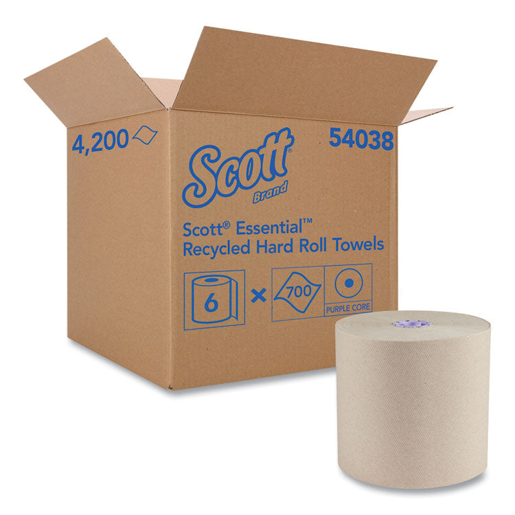 Scott - Essential 100% Recycled Fiber Hard Roll Towel, 1.75" Core, 8" x 700 ft, Brown, 6/Carton