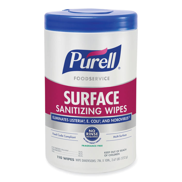 PURELL - Foodservice Surface Sanitizing Wipes, 10 x 7, Fragrance-Free, 110/Canister, 6 Canisters/Carton