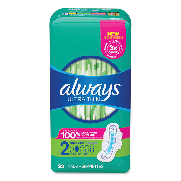 Always - Ultra Thin Pads with Wings, Size 2, Long, Super Absorbent, 32/Pack, 3 Packs/Carton