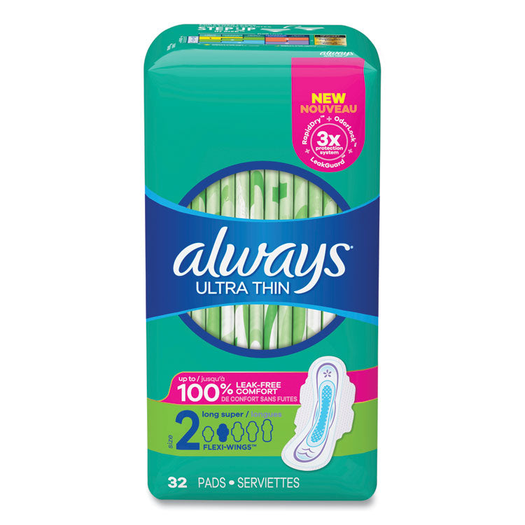 Always - Ultra Thin Pads with Wings, Size 2, Long, Super Absorbent, 32/Pack