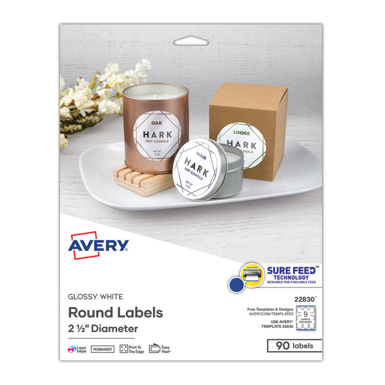 Avery - Round Print-to-the Edge Labels with SureFeed, 2.5" dia, Glossy White, 90/PK