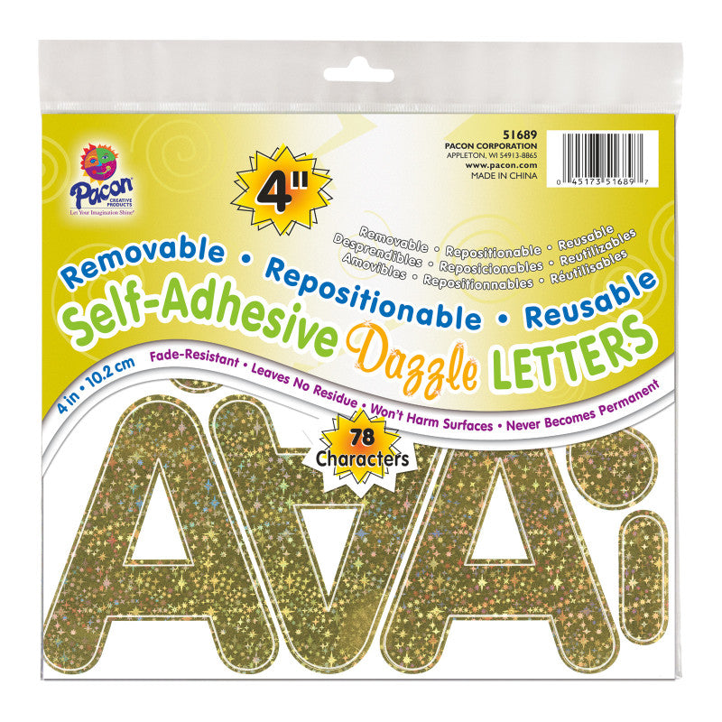 PACON - Self-Adhesive Letters, Gold Dazzle, Puffy Font, 4", 78 Characters