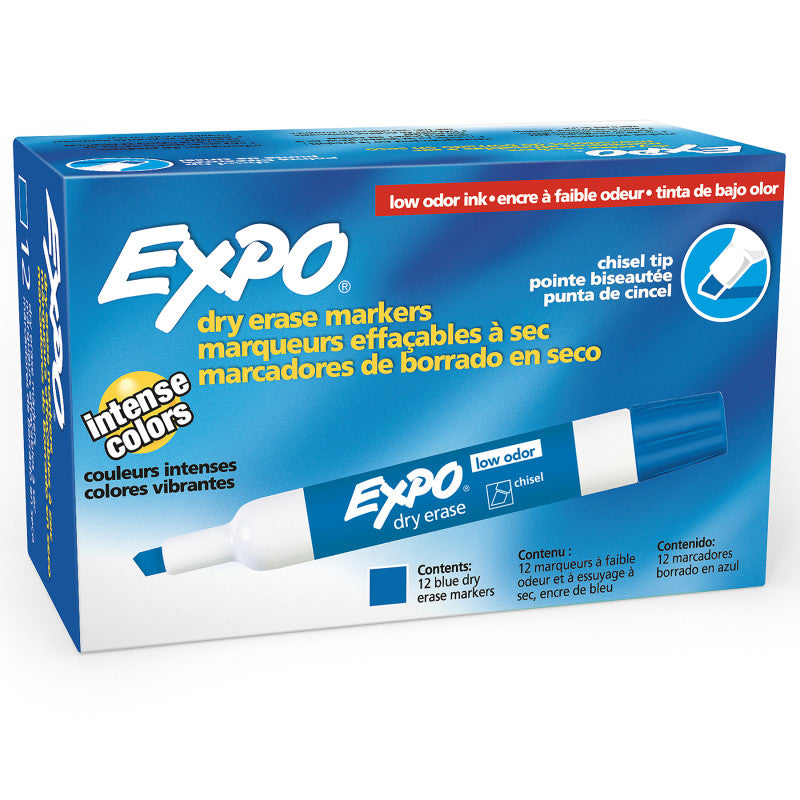 EXPO - Low-Odor Dry Erase Markers, Chisel Tip, Blue, Box of 12