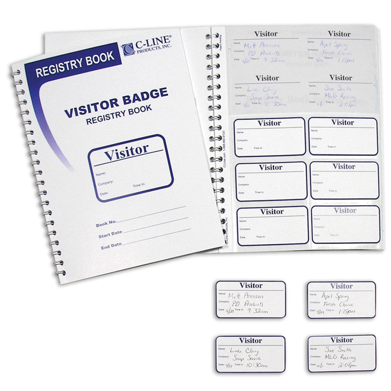 C-LINE - Visitor Badges with Registry Log, 3-5/8" x 1-7/8" Badge Size, 150 Badges & Log Book