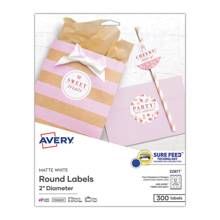 Avery - Round Print-to-the Edge Labels with SureFeed and EasyPeel, 2" dia., Matte White, 300/Pack