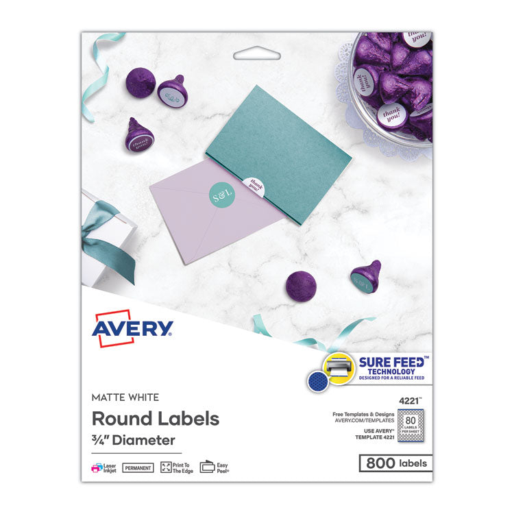 Avery - Printable Self-Adhesive Permanent ID Labels w/ Sure Feed, 3/4" dia, White 800/PK