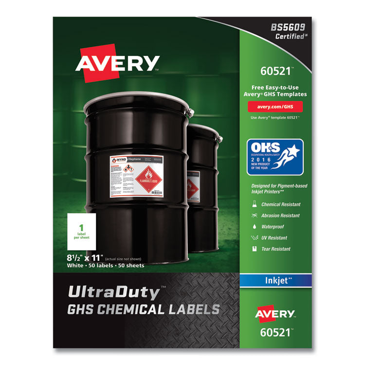 Avery - UltraDuty GHS Chemical Waterproof and UV Resistant Labels, 8.5 x 11, White, 50/Pack