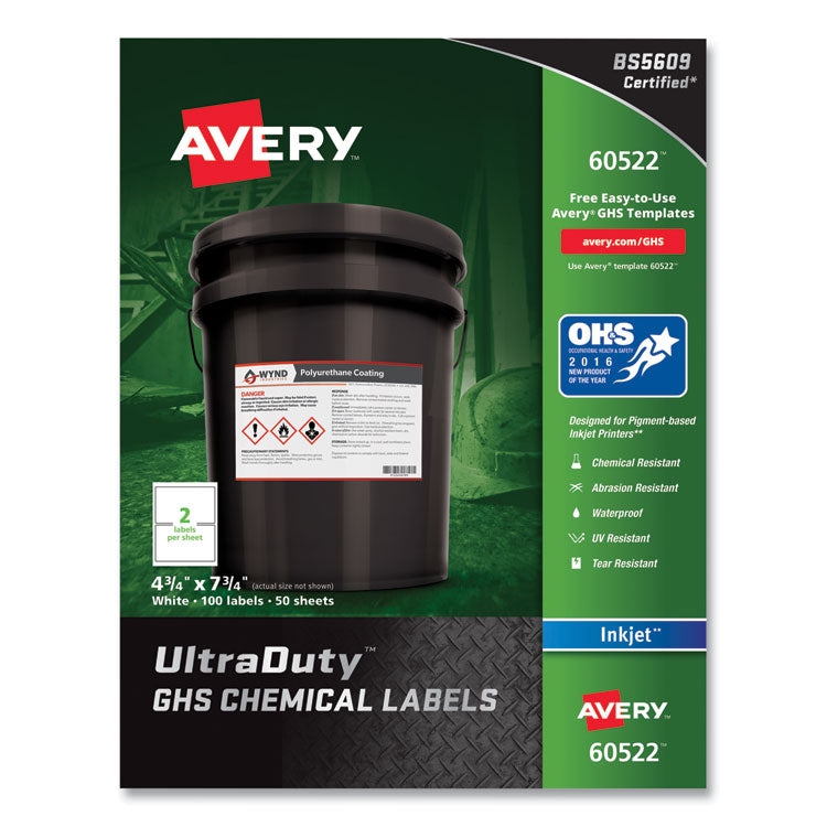 Avery - UltraDuty GHS Chemical Waterproof and UV Resistant Labels, 4.75 x 7.75, White, 2/Sheet, 50 Sheets/Pack