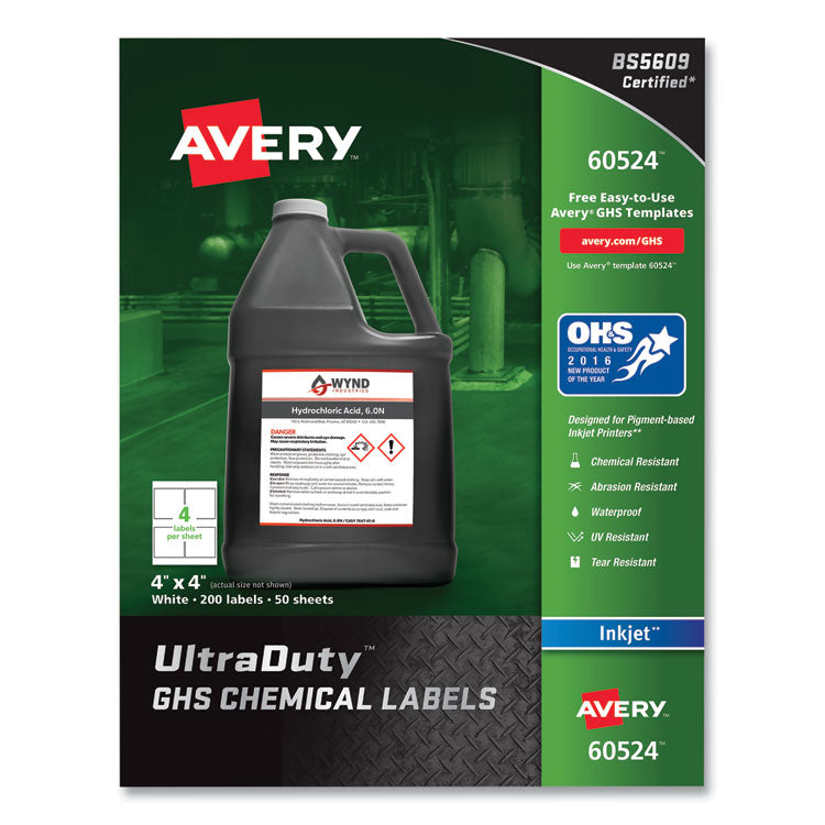 Avery - UltraDuty GHS Chemical Waterproof and UV Resistant Labels, 4 x 4, White, 4/Sheet, 50 Sheets/Pack