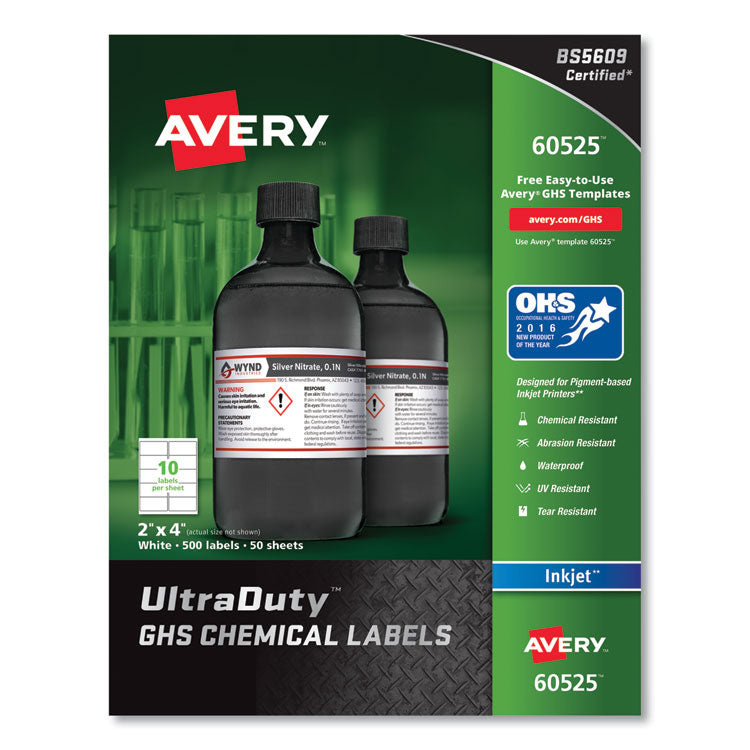 Avery - UltraDuty GHS Chemical Waterproof and UV Resistant Labels, 2 x 4, White, 10/Sheet, 50 Sheets/Pack