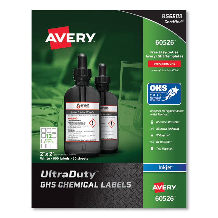 Avery - UltraDuty GHS Chemical Waterproof and UV Resistant Labels, 2 x 2, White, 12/Sheet, 50 Sheets/Pack