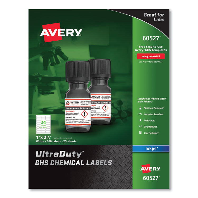 Avery - UltraDuty GHS Chemical Waterproof and UV Resistant Labels, 1 x 2.5, White, 24/Sheet, 25 Sheets/Pack (7774680)