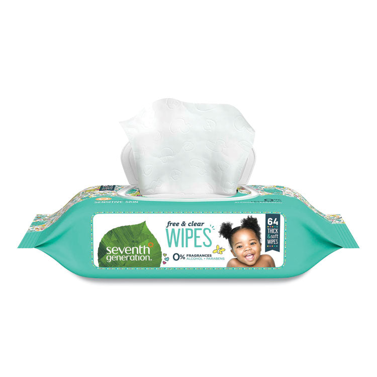 Seventh Generation - Free and Clear Baby Wipes, 7 x 7, Unscented, White, 64/Flip Top Pack, 12 Packs/Carton