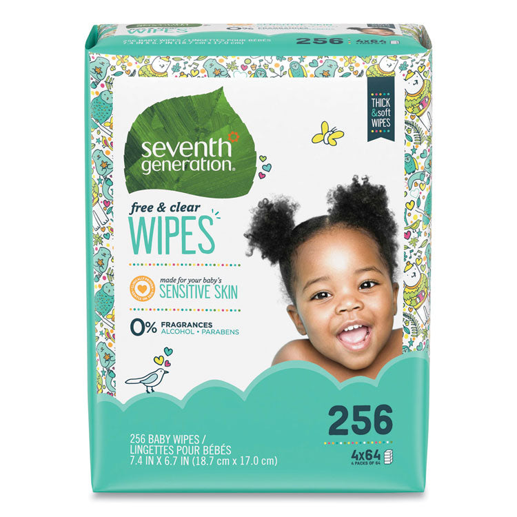 Seventh Generation - Free and Clear Baby Wipes, 7 x 7, Refill, Unscented, White, 256/Pack, 3 Packs/Carton