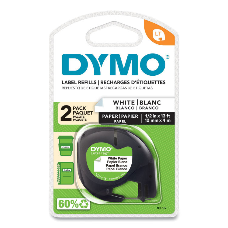 DYMO - LetraTag Paper Label Tape Cassettes, 0.5" x 13 ft, White, 2/Pack