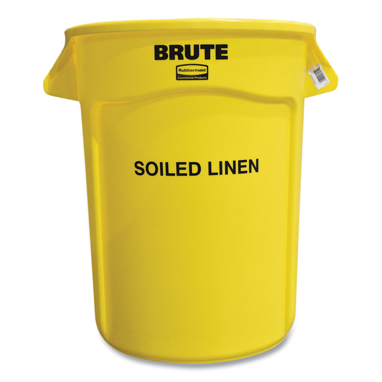 Rubbermaid Commercial - Vented Round Brute Container, "Soiled Linen" Imprint, 32 gal, Plastic, Yellow