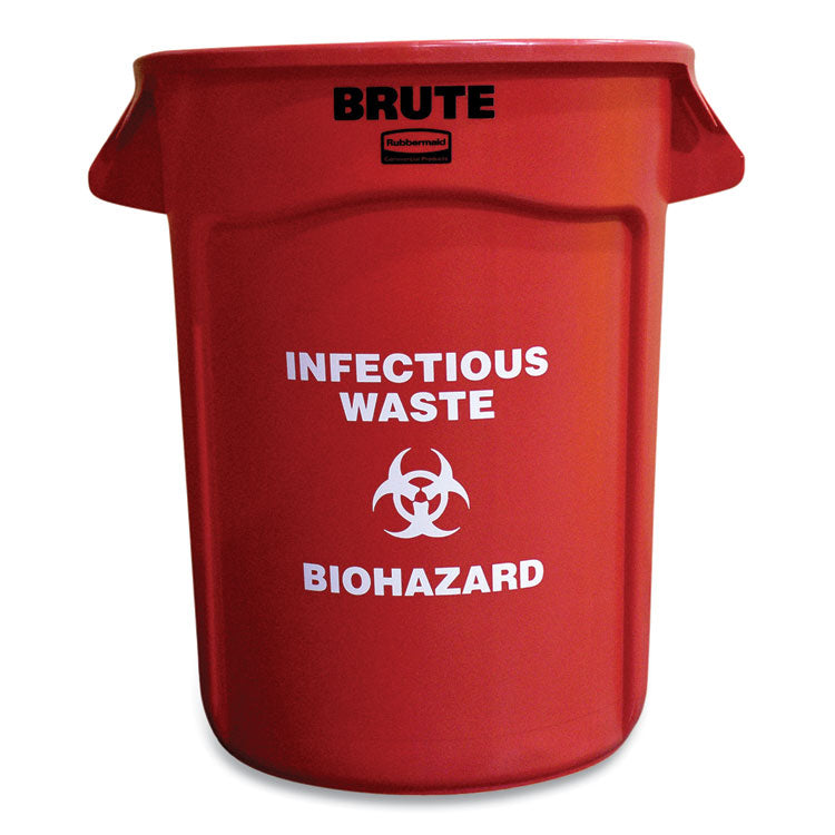 Rubbermaid Commercial - Vented Round Brute Container, "Infectious Waste: Biohazard" Imprint, 32 gal, Plastic, Red