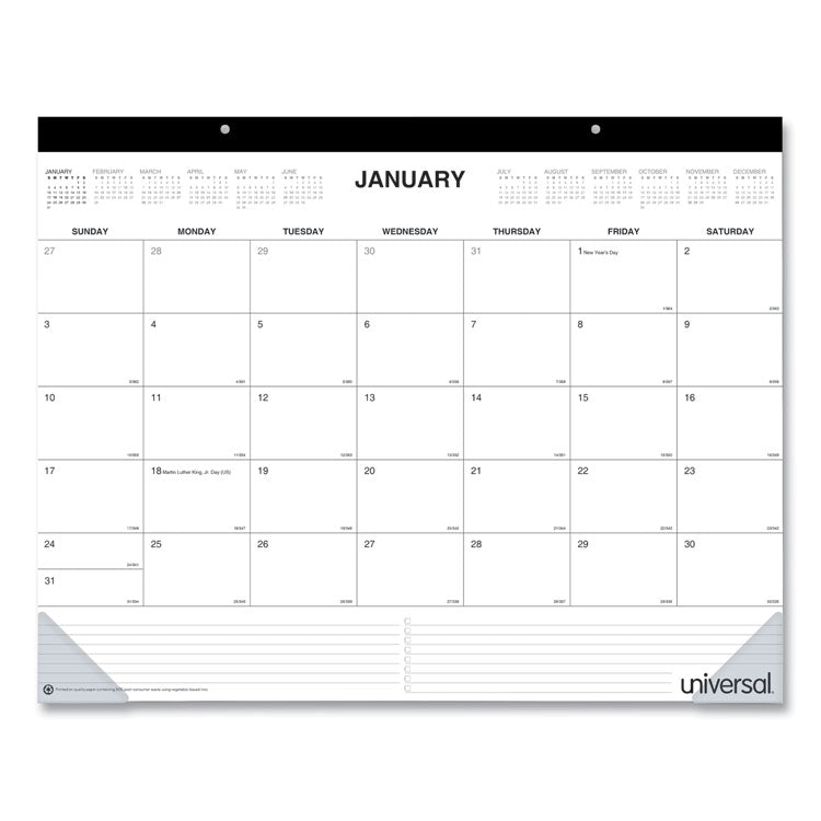 Universal - Desk Pad Calendar, 22 x 17, White/Black Sheets, Black Binding, Clear Corners, 12-Month (Jan to Dec): 2024