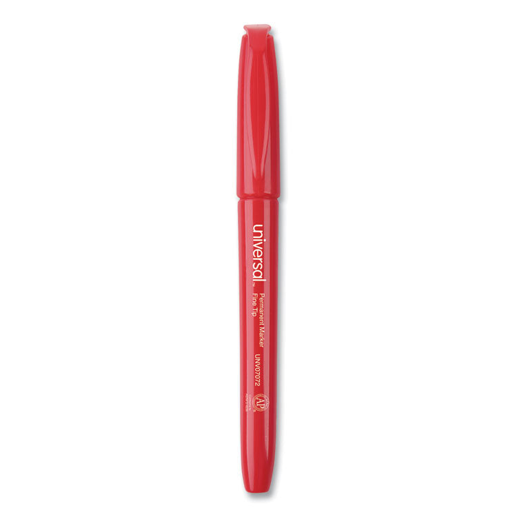 Universal - Pen-Style Permanent Marker, Fine Bullet Tip, Red, Dozen