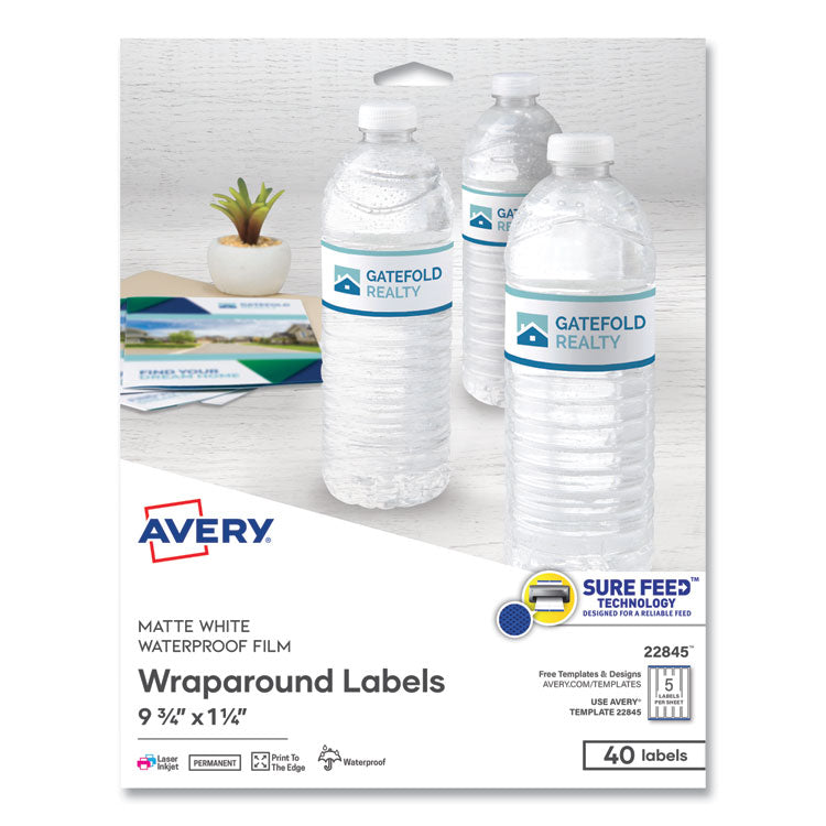 Avery - Water-Resistant Wraparound Labels w/ Sure Feed, 9 3/4 x 1 1/4, White, 40/Pack