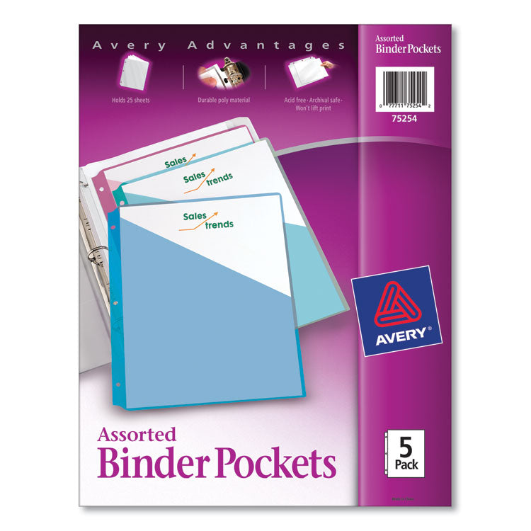 Avery - Binder Pockets, 3-Hole Punched, 9.25 x 11, Assorted Colors, 5/Pack