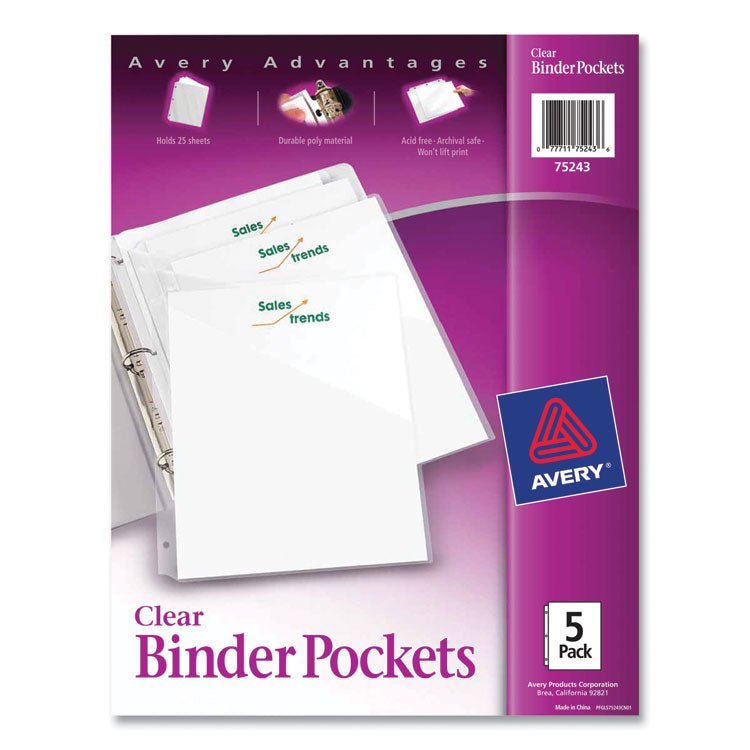 Avery - Binder Pockets, 3-Hole Punched, 9.25 x 11, Clear, 5/Pack