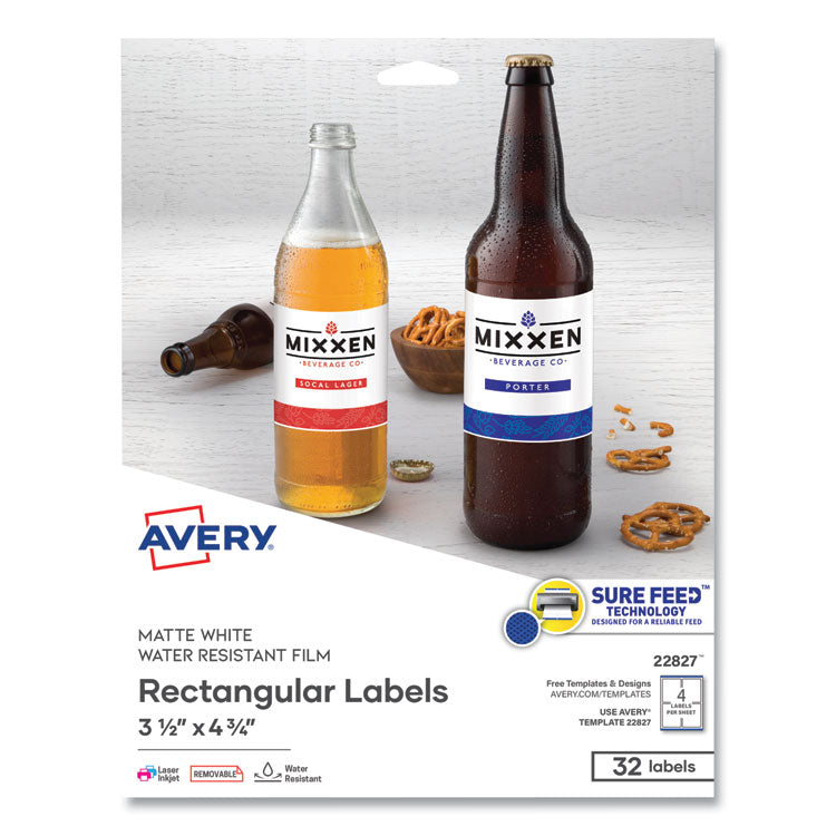 Avery - Removable Print-to-the-Edge White Labels w/ Sure Feed, 3 1/2 x 4 3/4, 32/Pack