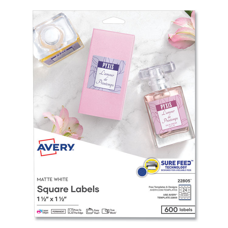 Avery - Square Labels with Sure Feed and TrueBlock, 1 1/2 x 1 1/2, White, 600/Pack