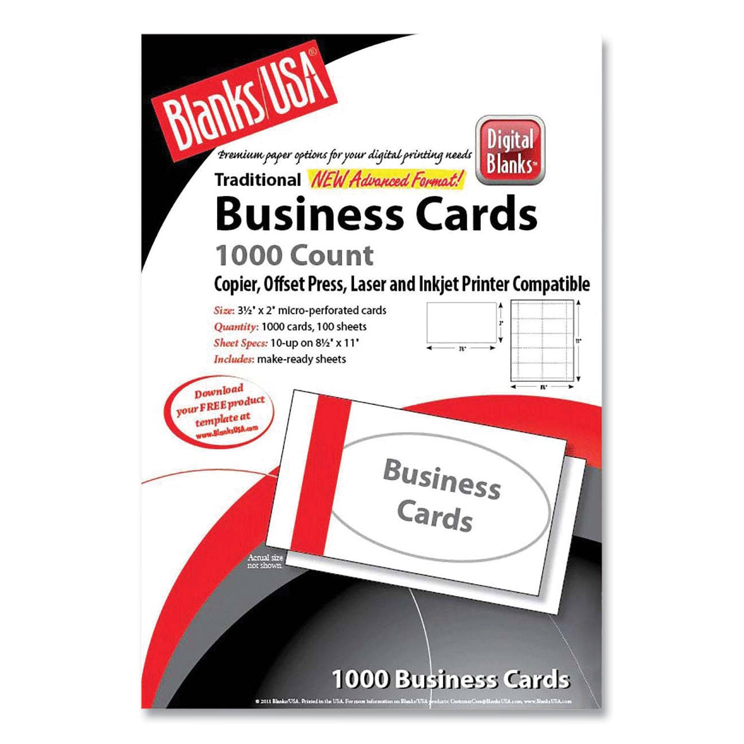 Printable Microperforated Business Cards, Copier/Inkjet/Laser/Offset, 2 x 3.5, White, 10/Sheet, 100 Sheets/Pack