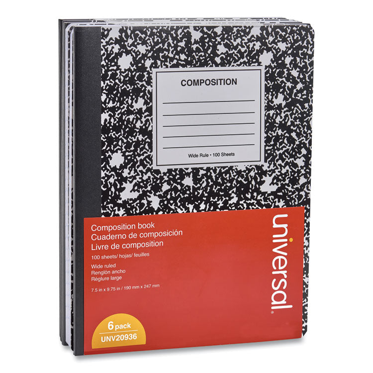 Universal - Composition Book, Wide/Legal Rule, Black Marble Cover, 9.75 x 7.5, 100 Sheets, 6/Pack