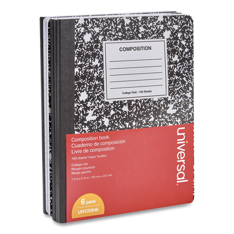 Universal - Composition Book, Medium/College Rule, Black Marble Cover, 9.75 x 7.5, 100 Sheets, 6/Pack