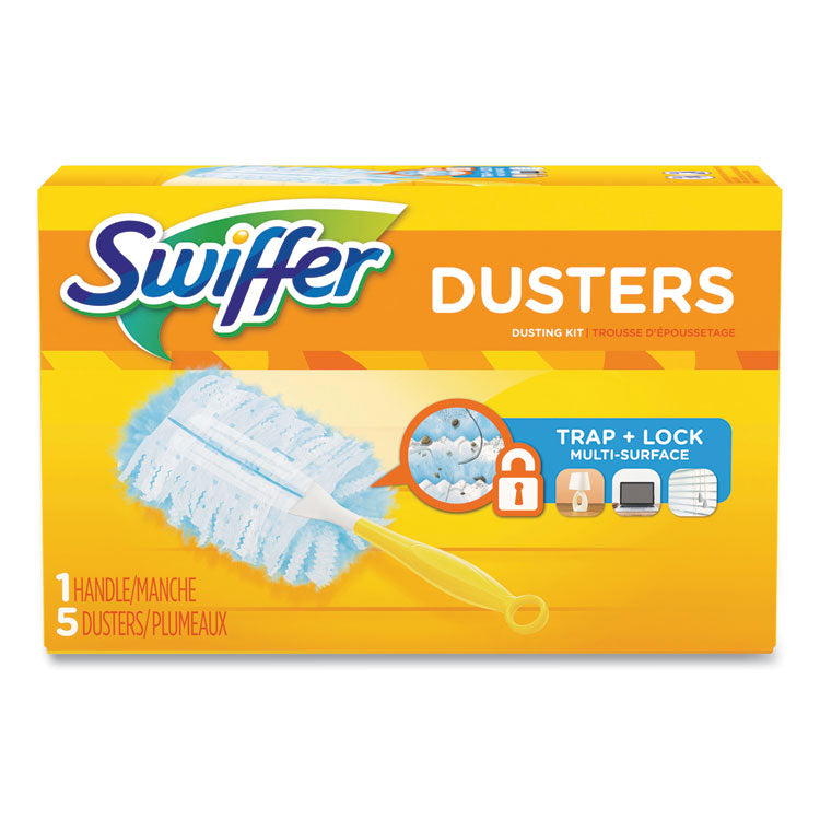 Swiffer - Dusters Starter Kit, Dust Lock Fiber, 6" Handle, Blue/Yellow, 6/Carton