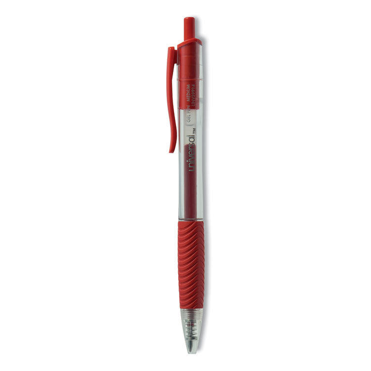 Universal - Comfort Grip Gel Pen, Retractable, Medium 0.7 mm, Red Ink, Translucent Red Barrel, Dozen