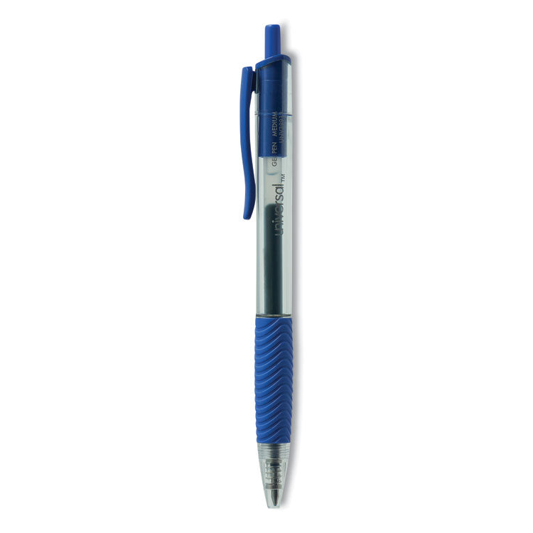 Universal - Comfort Grip Gel Pen, Retractable, Medium 0.7 mm, Blue Ink, Translucent Blue Barrel, Dozen