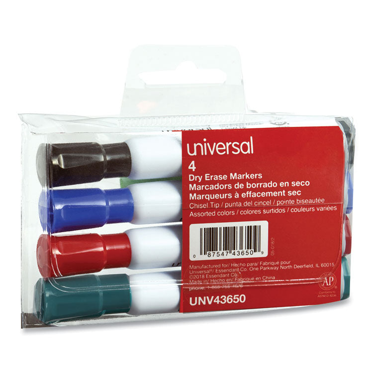 Universal - Dry Erase Marker, Broad Chisel Tip, Assorted Colors, 4/Set