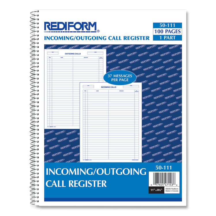 Rediform - Wirebound Call Register, One-Part (No Copies), 11 x 8.5, 100 Forms Total