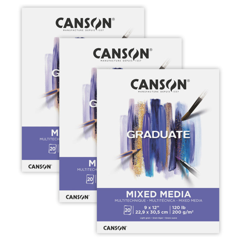 Graduate Mixed Media Pad, Foldover Binding, 20 Sheet, 9x12 inch, Pack of 3