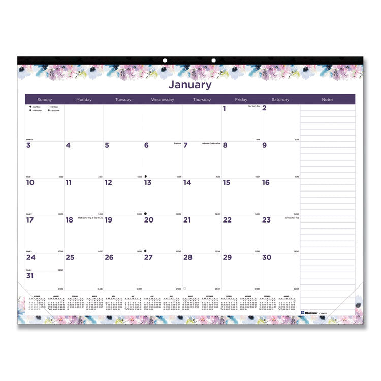 Blueline - Passion Monthly Deskpad Calendar, Floral Artwork, 22 x 17, White/Multicolor Sheets, Black Binding, 12-Month (Jan-Dec): 2024