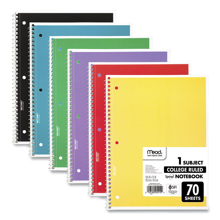 Mead - Spiral Notebook, 1 Subject, Medium/College Rule, Assorted Covers, 10.5 x 8, 70 Sheets, 6/Pack