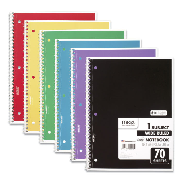 Mead - Spiral Notebook, 3-Hole Punched, 1-Subject, Wide/Legal Rule, Randomly Assorted Cover Color, (70) 10.5 x 7.5 Sheets