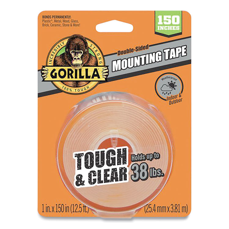 Gorilla - Tough & Clear Double-Sided Mounting Tape, Permanent, Holds Up to 0.25 lb per Inch, 1" x 12.5 ft, Clear