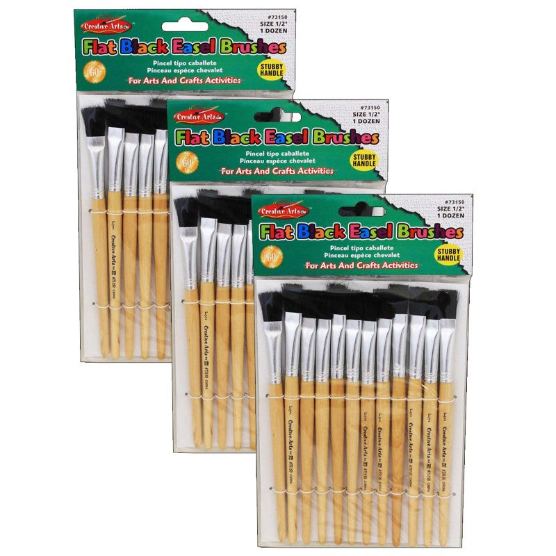 CHARLES LEONARD - Flat Tip Easel Paint Brushes, Short Stubby Handle, 0.50 Inch, Natural Handles, Black Bristles, 12 Per Pack, 3 Packs