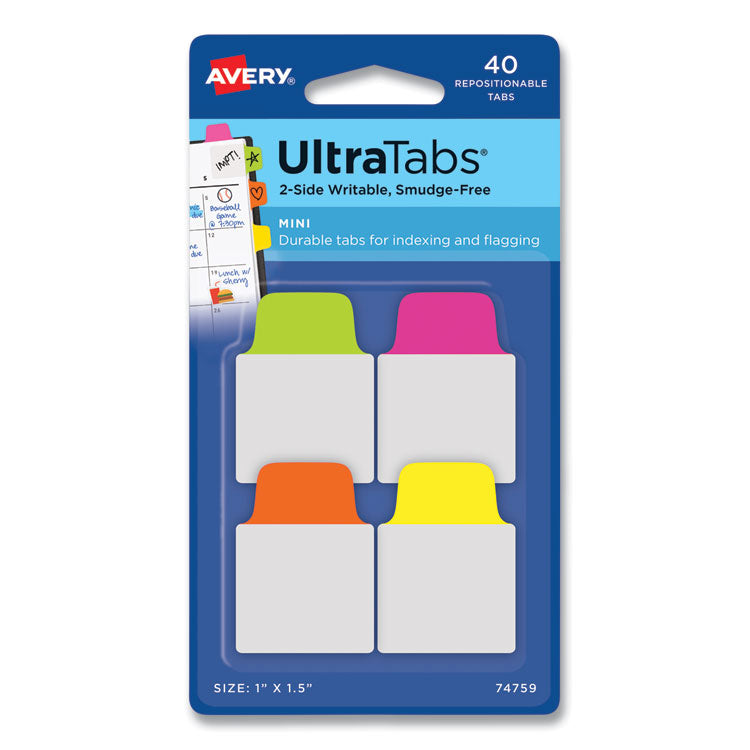 Avery - Ultra Tabs Repositionable Tabs, Mini Tabs: 1" x 1.5", 1/5-Cut, Assorted Neon Colors, 40/Pack