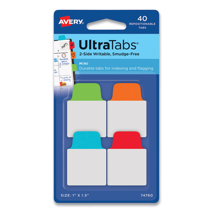 Avery - Ultra Tabs Repositionable Tabs, Mini Tabs: 1" x 1.5", 1/5-Cut, Assorted Colors, 40/Pack