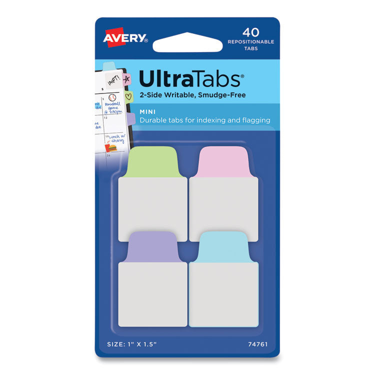 Avery - Ultra Tabs Repositionable Tabs, Mini Tabs: 1" x 1.5", 1/5-Cut, Assorted Pastel Colors, 40/Pack