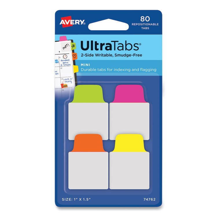 Avery - Ultra Tabs Repositionable Tabs, Mini Tabs: 1" x 1.5", 1/5-Cut, Assorted Neon Colors, 80/Pack