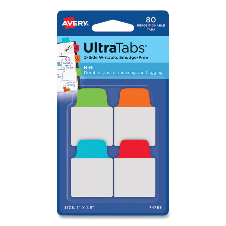 Avery - Ultra Tabs Repositionable Tabs, Mini Tabs: 1" x 1.5", 1/5-Cut, Assorted Colors, 80/Pack