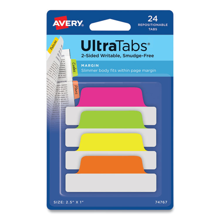 Avery - Ultra Tabs Repositionable Tabs, Margin Tabs: 2.5" x 1", 1/5-Cut, Assorted Neon Colors, 24/Pack