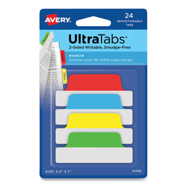 Avery - Ultra Tabs Repositionable Tabs, Margin Tabs: 2.5" x 1", 1/5-Cut, Assorted Colors, 24/Pack